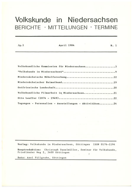 Volkskunde in Niedersachsen 1/1984