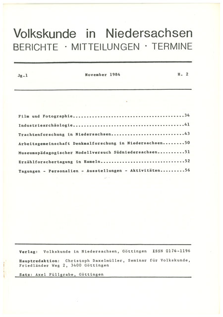 Volkskunde in Niedersachsen 2/1984
