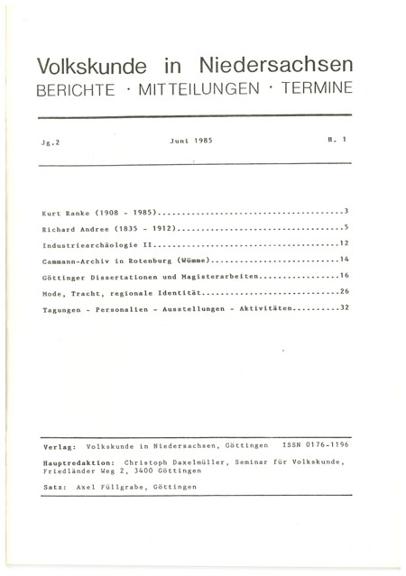 Volkskunde in Niedersachsen 1/1985