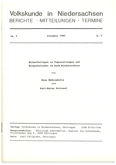 Volkskunde in Niedersachsen 2/1985
