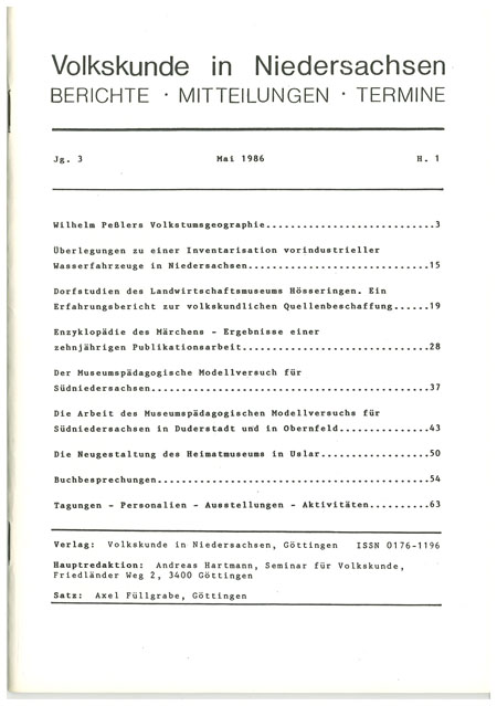 Volkskunde in Niedersachsen 1/1986