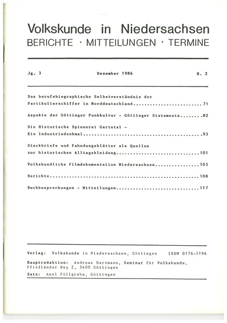 Volkskunde in Niedersachsen 2/1986
