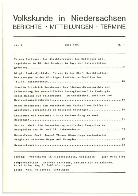 Volkskunde in Niedersachsen 1/1987