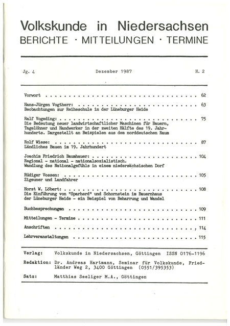 Volkskunde in Niedersachsen 2/1987